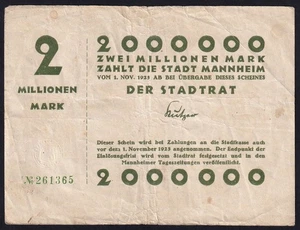 Germany Mannheim 2 Million Mark 1923 Vintage Emergency Paper Money Banknote VF - Picture 1 of 2
