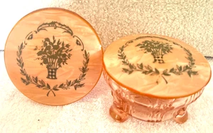 Vtg RARE FRENCH PINK FEET Glass Vanity Powder Jar SET 2 Celluloid ART DECO Lid - Picture 1 of 8
