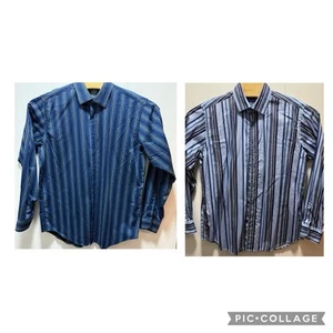 2 Stück Bugatchi Uomo Hemd Herren Größe Large Knopfleiste blau gestreift Flip Manschette " - Bild 1 von 12