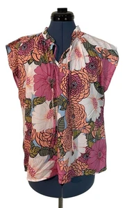 THML Pink Multi Floral Cap Sleeve Tassel Oversized Top Boho Tropical Beach L - Picture 1 of 12