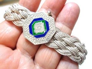 Sterling 925 Stamped, Enamel, Vintage, 35.4 grams, Unique Braided Wide Bracelet. - Picture 1 of 8