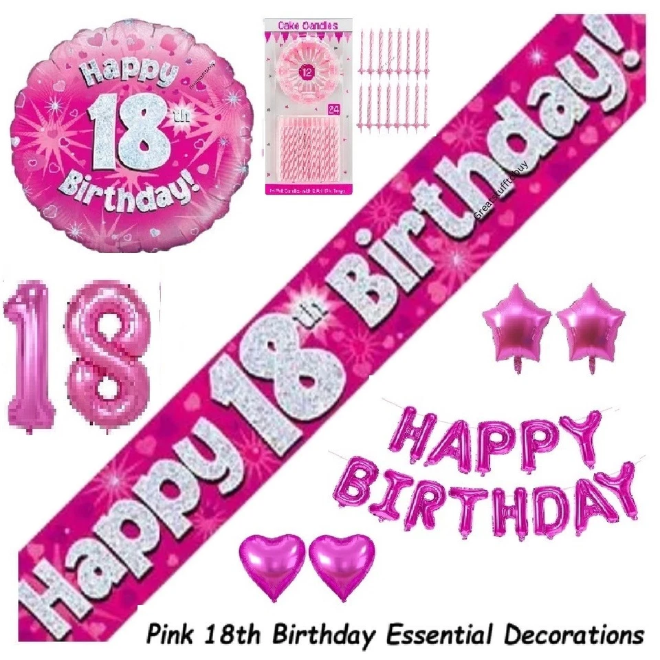 Girl Pink 18th Birthday party decorations balloons hanging banners candles - Image 1 of 1