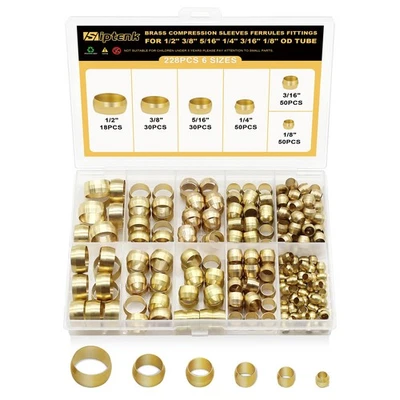 228PCS Brass Compression Sleeves Ferrules for Tube OD 1/2 3/8 5/16 1/4 3/16 1... - Image 1 of 4