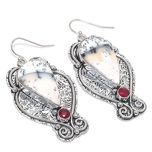 Dendrite Opal, Garnet Gemstone 925 Sterling Silver Jewelry Earring 2.25" - Picture 1 of 5