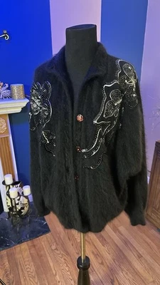 80’s Vintage Black  Angora Sweater Jacket  With Sequins And Stones Size M/L - Image 1 of 4