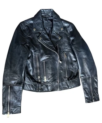 Chaqueta de moto de cuero negra Aldo para mujer S cremallera asimétrica estilo dinero antiguo Foto 1 de 4