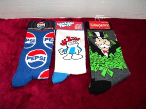 3 NEW Men's 8-12" Women's 9-14" Crew Socks Monopoly Pepsi Hawaiian Punch - Picture 1 of 2