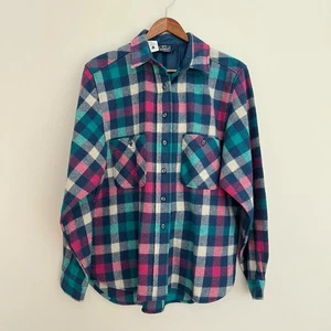 Vintage Woolrich Shirt Jacket Womens 14 Pink Blue Plaid Check Wool Flannel USA - Picture 1 of 12