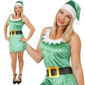 LADIES GREEN VELOUR ELF DRESS SEXY SANTAS HELPER CHRISTMAS COSTUME FANCY DRESS - Picture 1 of 6