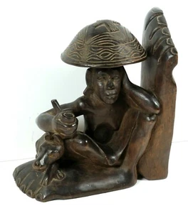 Vtg Indigenous Hand Carved African(?) Footed Wooden Sculptured Hat, Pipe & Dog - Picture 1 of 8