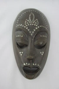 NEW Hand Crafted Brown Wood Mask w/Mother of Pearl Inlay Lombok 9.5" x 5.25" - Picture 1 of 4