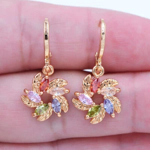 18K Yellow Gold Filled Women Rainbow Topaz Pinwheel Flower Dangle Earrings - Picture 1 of 1