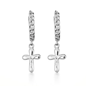 .925 Sterling Silver Crucifix Jesus Christ Milgrain Cuban Link Huggie Earrings - Picture 1 of 5