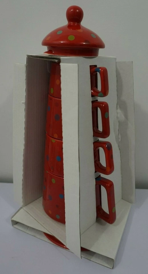 NUEVO Torre de té apilable servicio de té para uno por Yedi 6 piezas rojo con lunares Foto 1 de 4