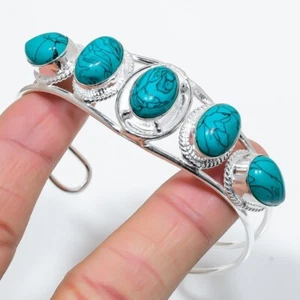 Firoza Turquoise Gemstone 925 Sterling Silver Handmade Jewelry Bangle Size 7-8" - Picture 1 of 1