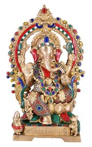 Whitewhale Brass Mangalkari Ganesha Sitting On Lotus Bhagwan Idol Ganesha Statue