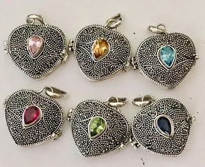 Caja de deseos de plata esterlina caja de oración medallón corazón colgante granate amatista peridoto - Imagen 1 de 5