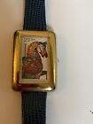 Carousel Horse Wristwatch Gold Tone Leather Strap Postage Stamp Face New Battery