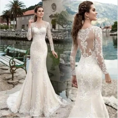Elegant Mermaid Wedding Dresses O-Neck Long Sleeves Lace Appliques Bridal Gowns - Image 1 of 4