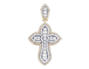 Baguette 7/10 CT Real Diamond Cross Pendant 1.5" 10K Yellow Gold - Picture 1 of 4