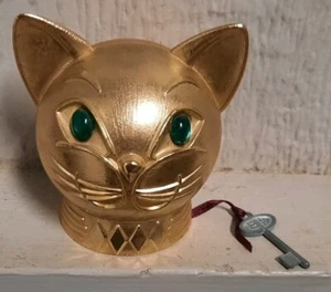 Vintage Bank Gold Metal Cat Bank with Emerald Colored Eyes 3.25” Tall Dover Ohio - Picture 1 of 5