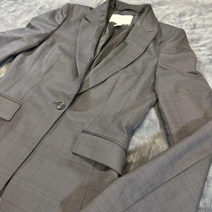 BOSS Hugo Boss Blazer Womens 2 Gray Check Juleila One Button Satin Trim Tailored - Picture 1 of 21