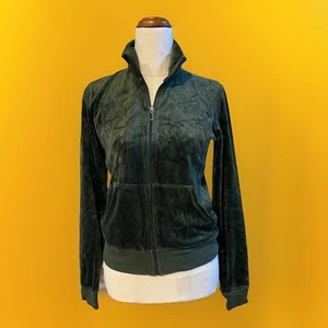 Juicy Couture Dark Green Velvet Sweatshirt Zip Long Sleeve Jacket Sz Small M - Picture 1 of 9