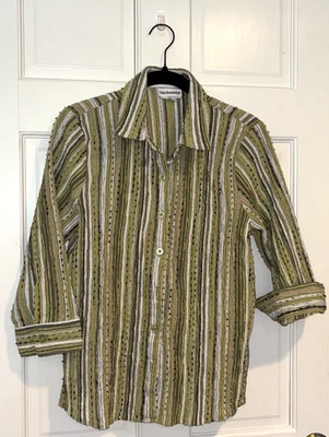 Blusa para mujer Breckenridge S verde blanco a rayas mezcla de algodón abotonada Foto 1 de 4