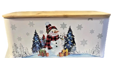 Christmas Bread Box Bamboo Lid Snowman & Holiday Tree Design – 12” x 8” x 5.5" - Image 1 of 4