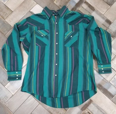 Camisa De Colección Ely Cattleman Para Hombres 17.5 X 35 Rayas Turquesa Perla Occidental A Presión Años 90 Foto 1 de 4
