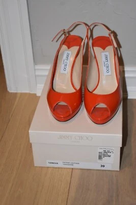 NIB NEW JIMMY CHOO NOVA PATENT PEEP TOE HEELS TANGERINE 39 STILLETTOS - Image 1 of 4