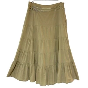 LARDINI Embroidered Olive Green Midi Poplin Tiered Broomstick Skirt Women L - Picture 1 of 9