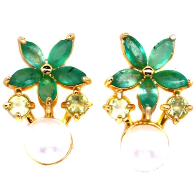 925 Sterlingsilber 6 Mm. Weiße Perle, Smaragd & Peridot Ohrringe - Bild 1 von 4