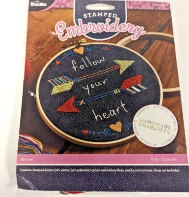 NEW Follow Your Heart Bucilla Stamped Embroidery Kit Denim boho patch arrows - Image 1 of 4