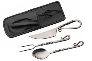 3PC Medieval Mirror Twisted Utensil Set Carbon Steel With Leather Sheath - Picture 1 of 5