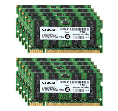 10PCS 2GB RAM Crucial Kit 2RX8 PC2-5300S DDR2 667Mhz SODIMM Laptop Memory 20GB @ - Image 1 of 4
