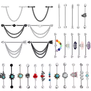 1x 14g Chain Dangle Industrial Barbell Surgical Steel Cartilage Earring Piercing - Picture 1 of 37
