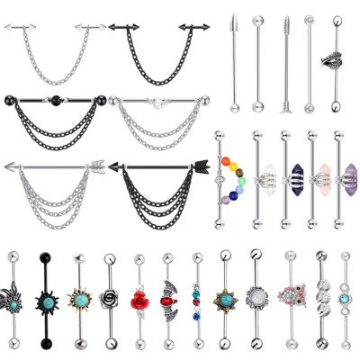 1x 14g Chain Dangle Industrial Barbell Surgical Steel Cartilage Earring Piercing - Image 1 of 4