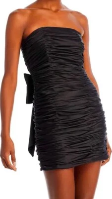 Aqua Black Satin Size Medium Bow Back Ruched Mini Bodycon Dress Cocktail Party - Image 1 of 4