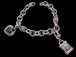 925 Silver Sterling JUDITH RIPKA Charm Bracelet Heart Lock Smoky Quartz 44g - Picture 1 of 14