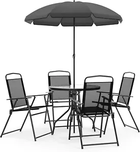 Patio Set with Umbrella Four Chairs Table Outdoor Dining Deck Porch Metal Glass - Picture 1 of 10