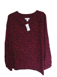 NWT Christopher & Banks Blouse Top Black Red Long Sleeve V Neck Button Up Sz L - Picture 1 of 4
