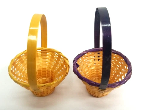 2 Miniature Doll 4 inch  Round Woven Wicker Baskets with Yellow & Purple Handles Cover