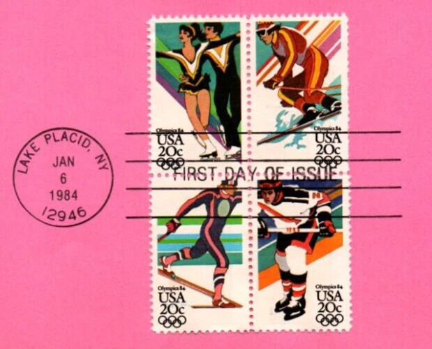 USPS FDC First Day Cover Souvenir Sheet Winter Olympics Block Of 4 Scott #2070A - Image 1 of 2