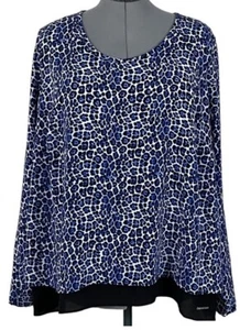 Michael Kors Blue Animal Leopard Print Long Sleeve Layered Blouse Top-Size 2X - Picture 1 of 15