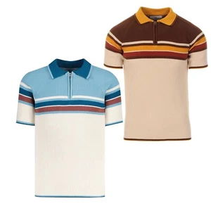 NEW MADCAP MOD RETRO 60s 70s MENS KNITTED RIBBED ZIP NECK POLO METEOR MC508 - Picture 1 of 7