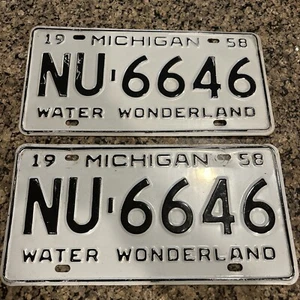 1958 Michigan License Plate Pair NU 6646 Water Wonderland - Picture 1 of 7