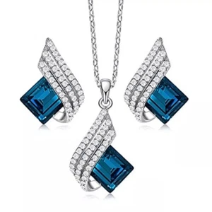 Womens 3pcs Navy Blue Rhinestone Silver Decor Set Pendant Necklace Earrings Gift - Picture 1 of 6