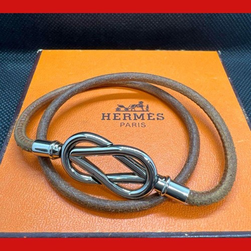HERMÈS Girocollo doppio bracciale pelle marrone Hermes Auth Atame metallo tono argento