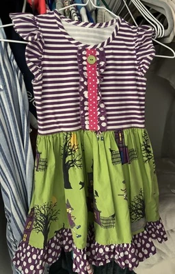 Vestido Eleanor Rosa Halloween 8-10 Verde Púrpura Brujas Gato Negro Murciélagos Foto 1 de 3